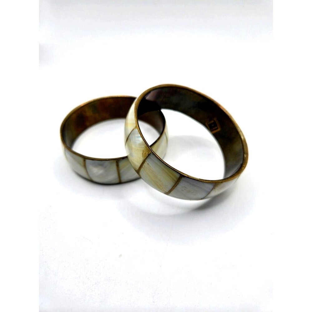 Vintage Shell Mother of Pearl Cuff Pair of Bracelets TWO bracelets 3" diamester